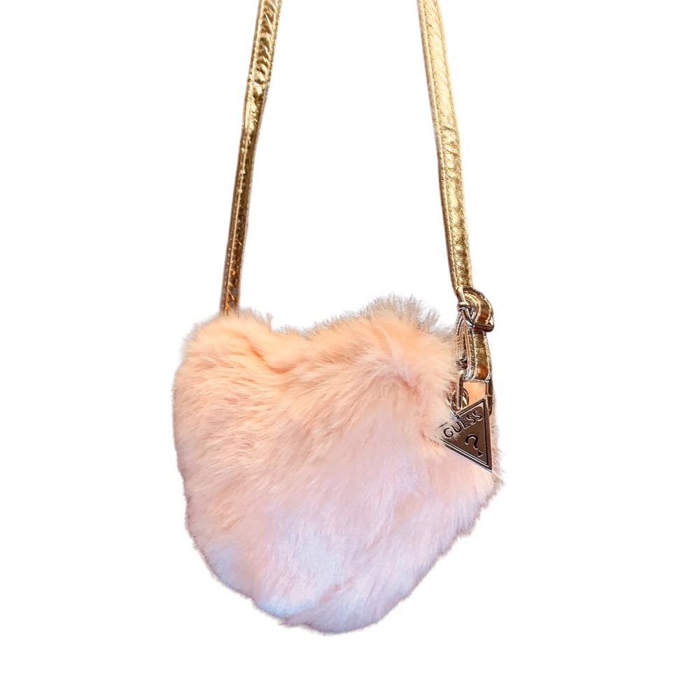 BNWOT GUESS Blush Faux Fur Heart-Shaped Crossbody Bag.
